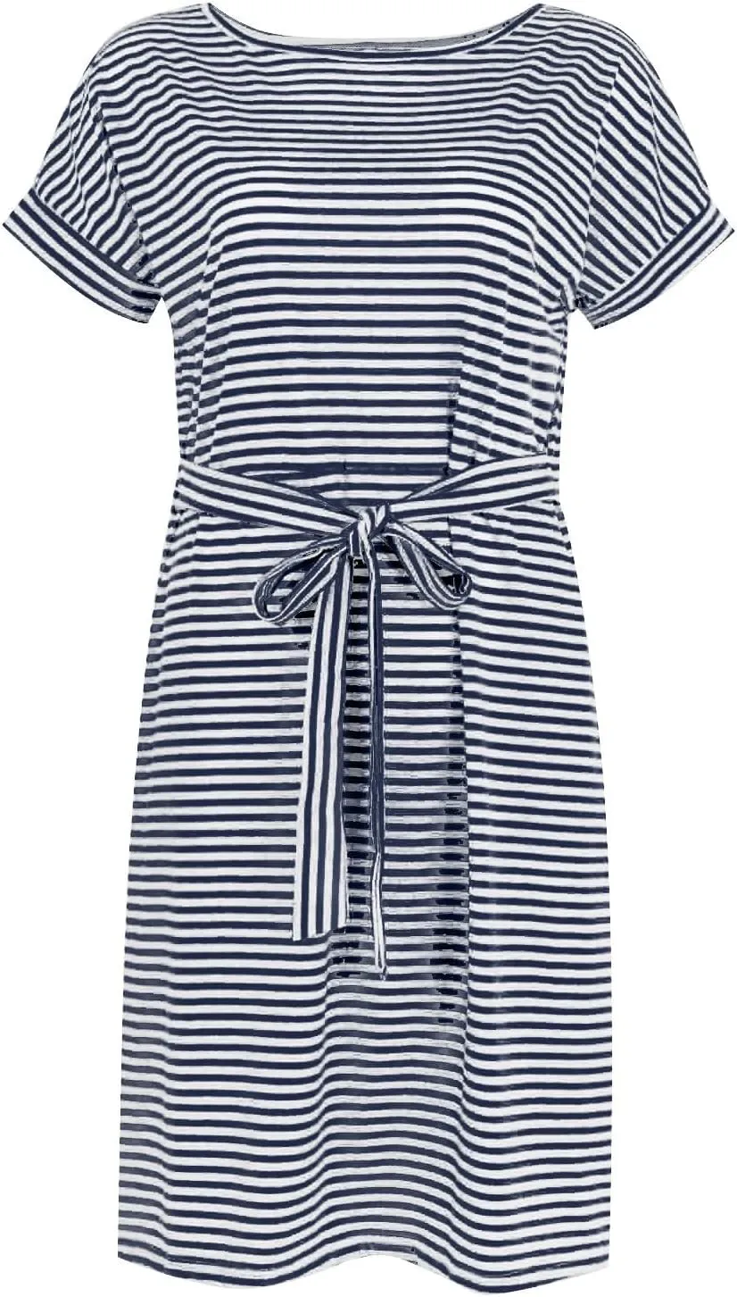 2025 Womens Summer Vacation Dresses Short Sleeve Casual Tie Waist Striped Crewneck Trendy Resort Wear Dress
