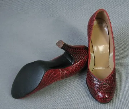 50s Vintage Women's Heels Babydoll Pumps Shoes Red Cobra Snakeskin 6.5 to 7 VFG