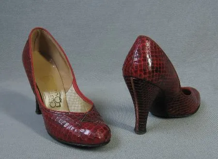 50s Vintage Women's Heels Babydoll Pumps Shoes Red Cobra Snakeskin 6.5 to 7 VFG