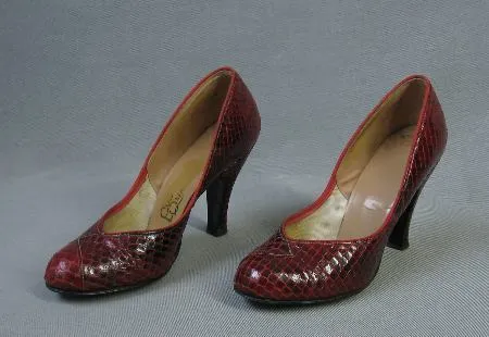 50s Vintage Women's Heels Babydoll Pumps Shoes Red Cobra Snakeskin 6.5 to 7 VFG