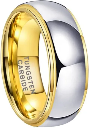 6mm 8mm Gold Tungsten Rings for Men Women Couple Fashion Jewelry Engagement Wedding Bands Domed Stepped Edges Polished Shiny Comfort Fit