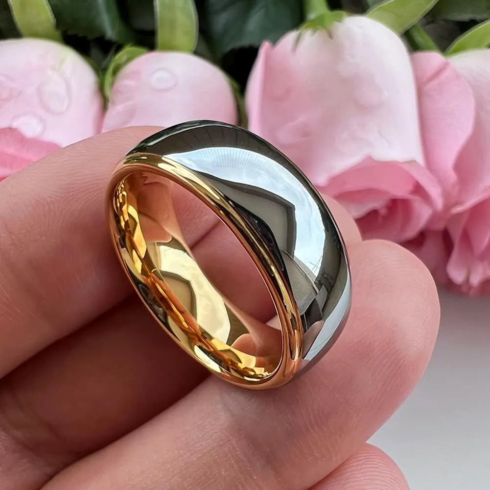 6mm 8mm Gold Tungsten Rings for Men Women Couple Fashion Jewelry Engagement Wedding Bands Domed Stepped Edges Polished Shiny Comfort Fit