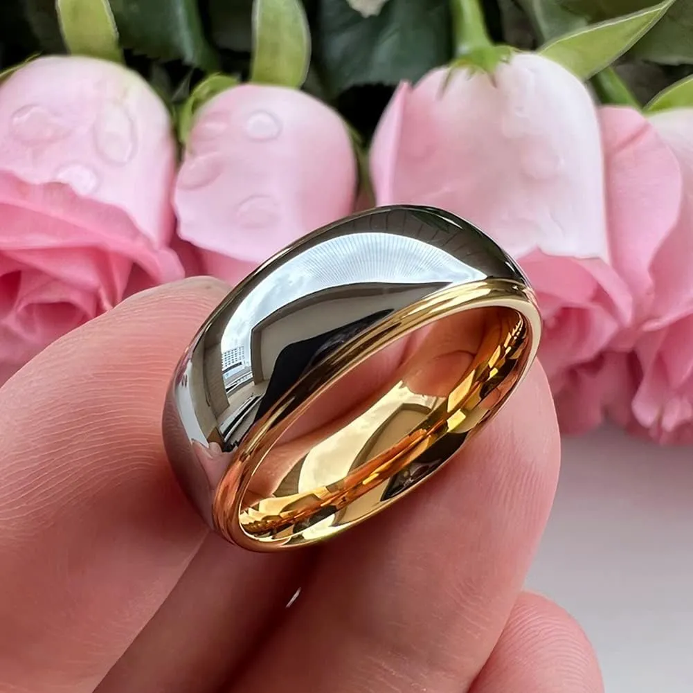 6mm 8mm Gold Tungsten Rings for Men Women Couple Fashion Jewelry Engagement Wedding Bands Domed Stepped Edges Polished Shiny Comfort Fit