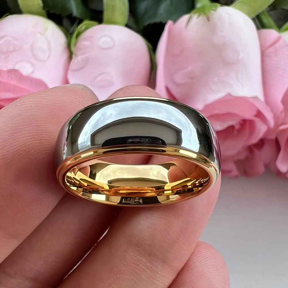 6mm 8mm Gold Tungsten Rings for Men Women Couple Fashion Jewelry Engagement Wedding Bands Domed Stepped Edges Polished Shiny Comfort Fit