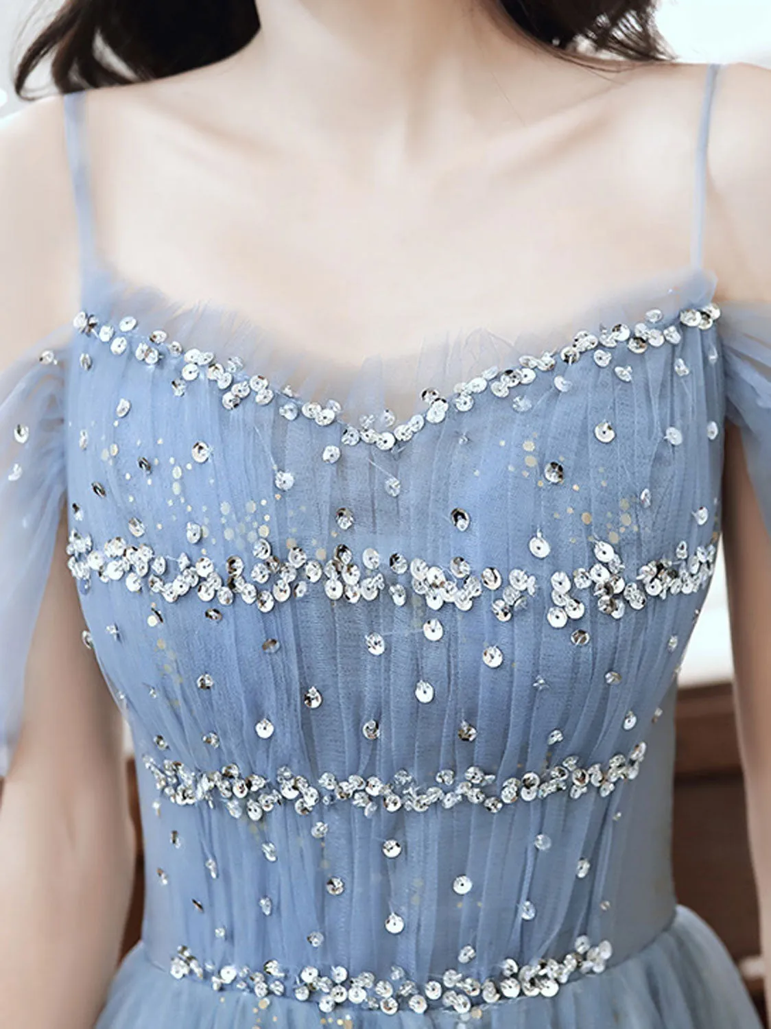 Elegant Off-Shoulder Sequin Blue Long Prom Dress - Stunning Blue Evening Gown for Parties