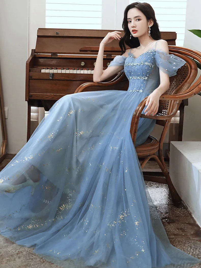 Elegant Off-Shoulder Sequin Blue Long Prom Dress - Stunning Blue Evening Gown for Parties