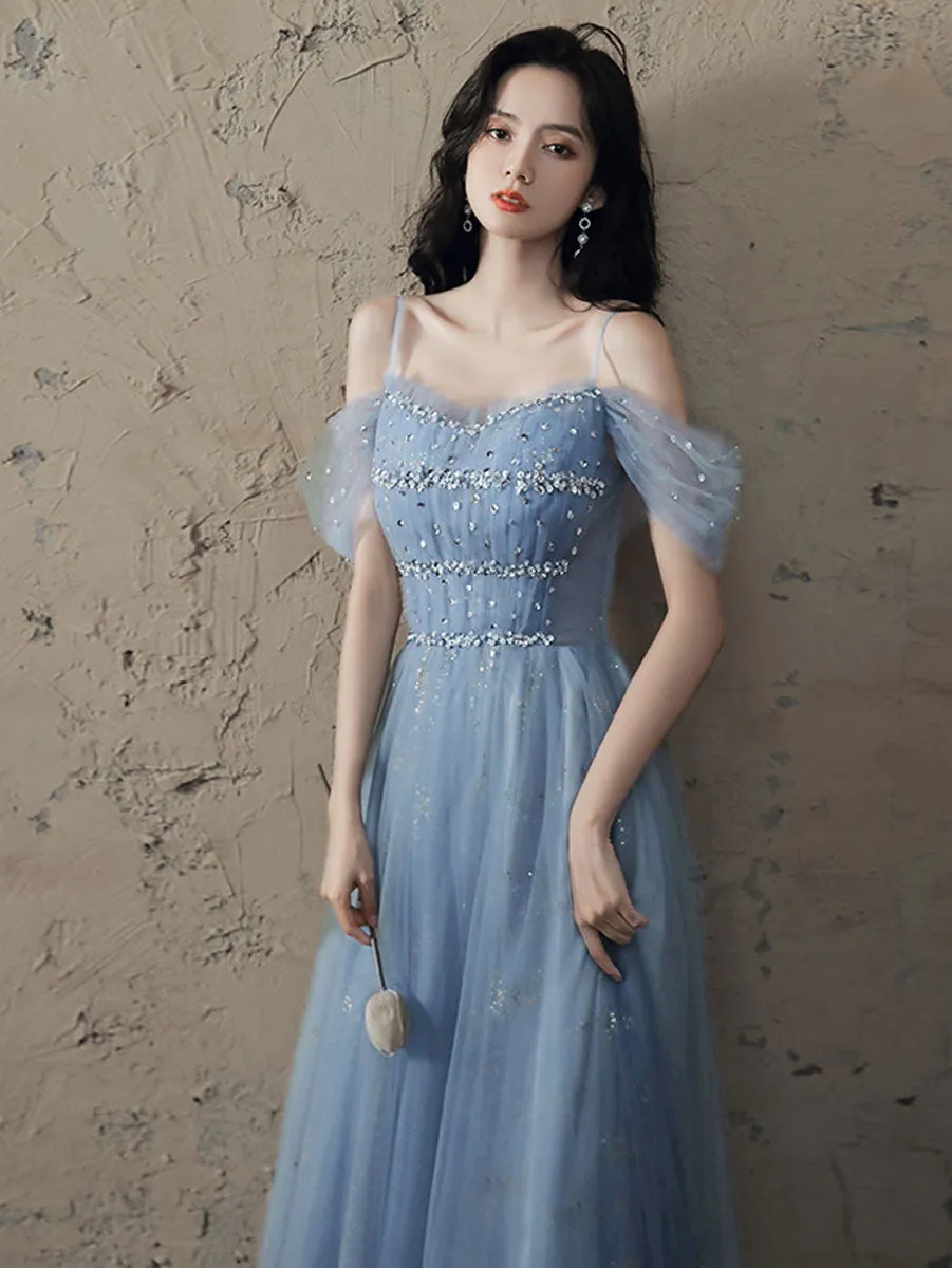 Elegant Off-Shoulder Sequin Blue Long Prom Dress - Stunning Blue Evening Gown for Parties