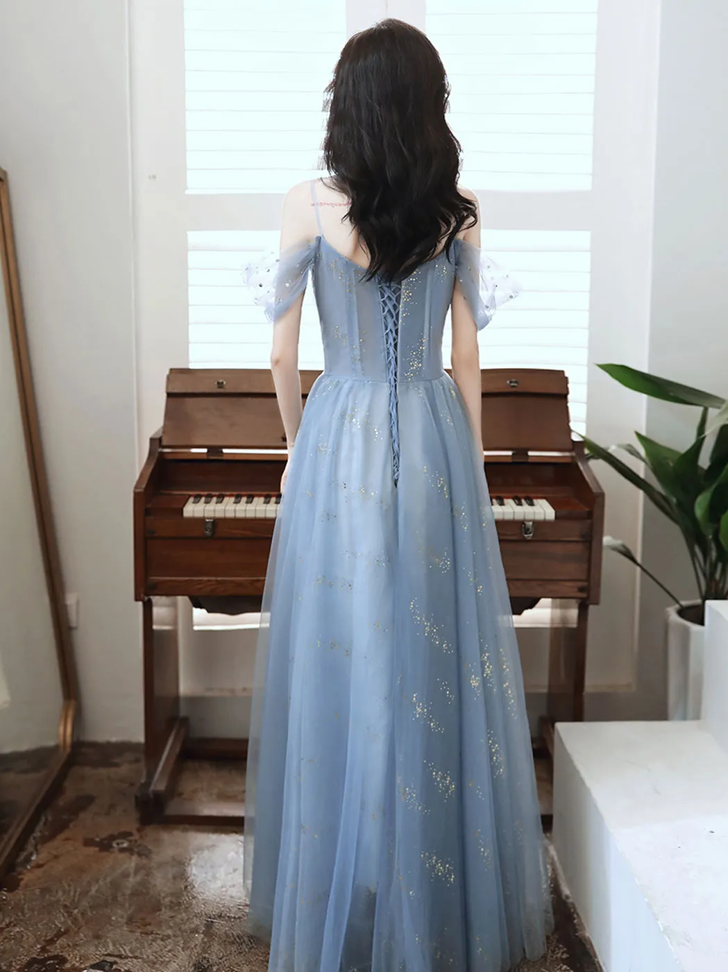 Elegant Off-Shoulder Sequin Blue Long Prom Dress - Stunning Blue Evening Gown for Parties