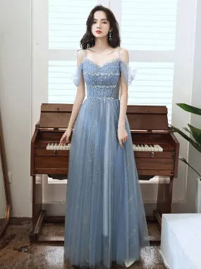 Elegant Off-Shoulder Sequin Blue Long Prom Dress - Stunning Blue Evening Gown for Parties