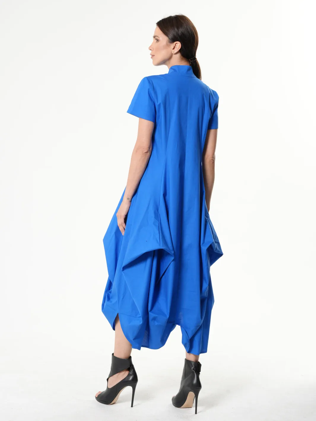 Asymmetric Collared Dress With Short Sleeves