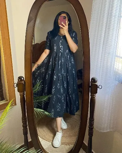 Black Cotton Ikkat Print Middi Dress 1PC