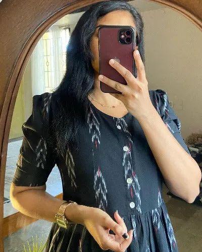 Black Cotton Ikkat Print Middi Dress 1PC