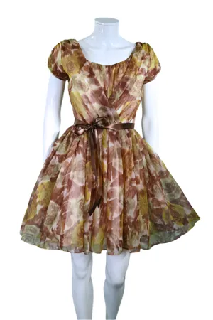 Carol Robins Vintage 60s Fit & Flare Party Dress, Browns/Greens Watercolor Print XS/S 24" W