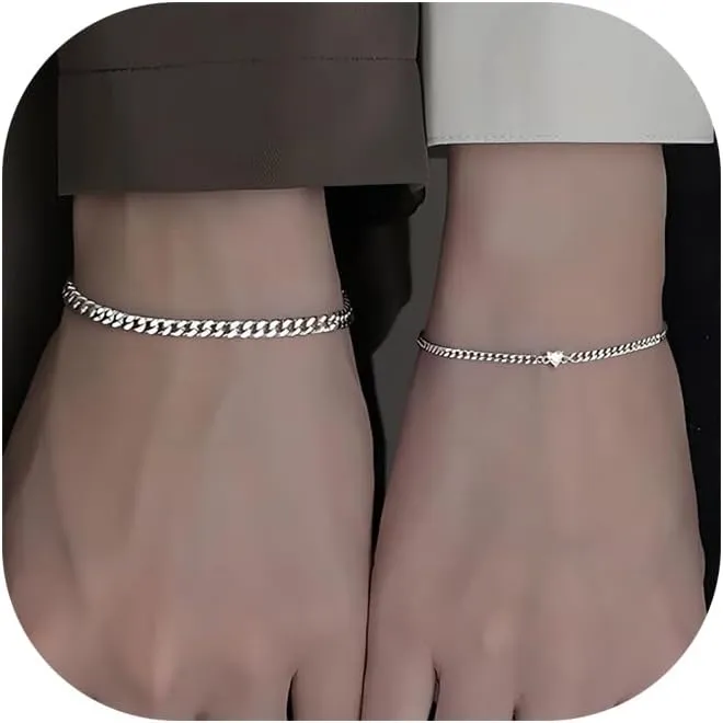 CSIYANJRY99 2 Pcs Matching Bracelets for Couples Permanent Rhinestone Heart Bracelets Stainless Steel Cuban Chain Bracelet Set Pinky Promise Friendship Bracelets for Women