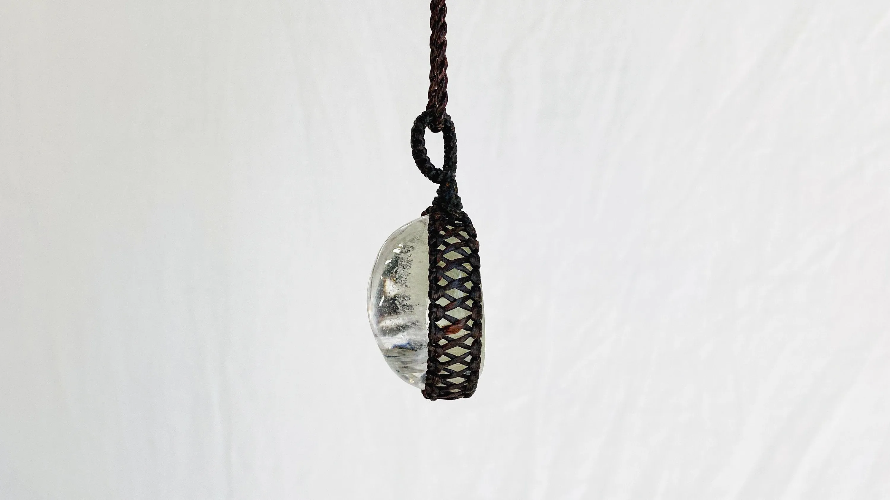 Garden Quartz Pendant Necklace. Crocheted Waxed Linen
