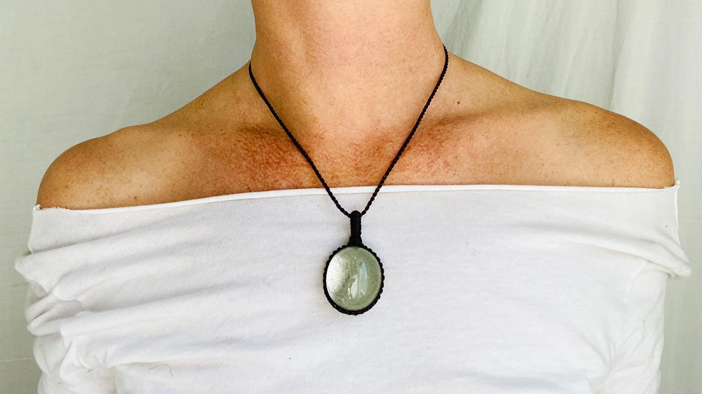 Garden Quartz Pendant Necklace. Crocheted Waxed Linen
