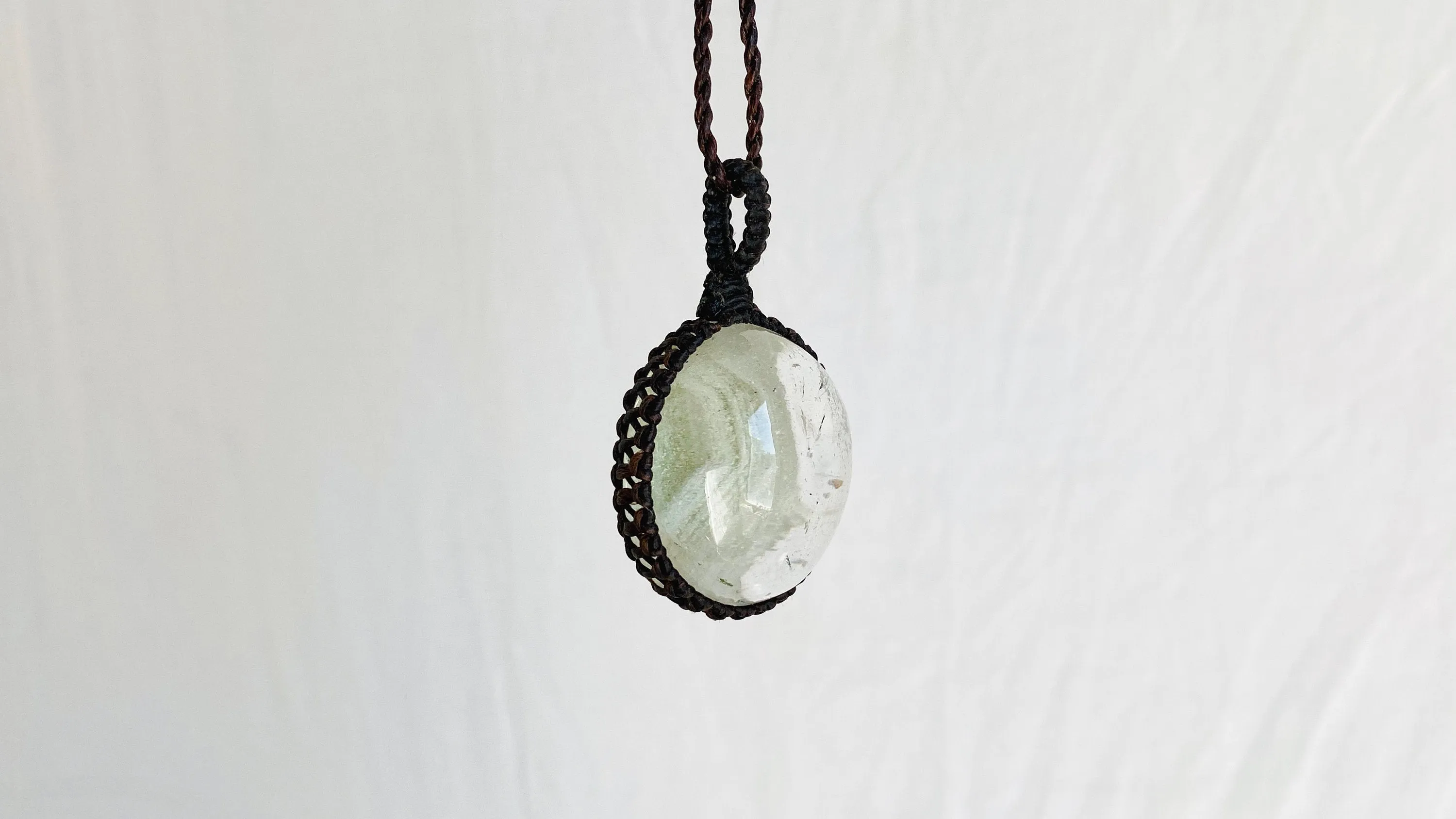 Garden Quartz Pendant Necklace. Crocheted Waxed Linen
