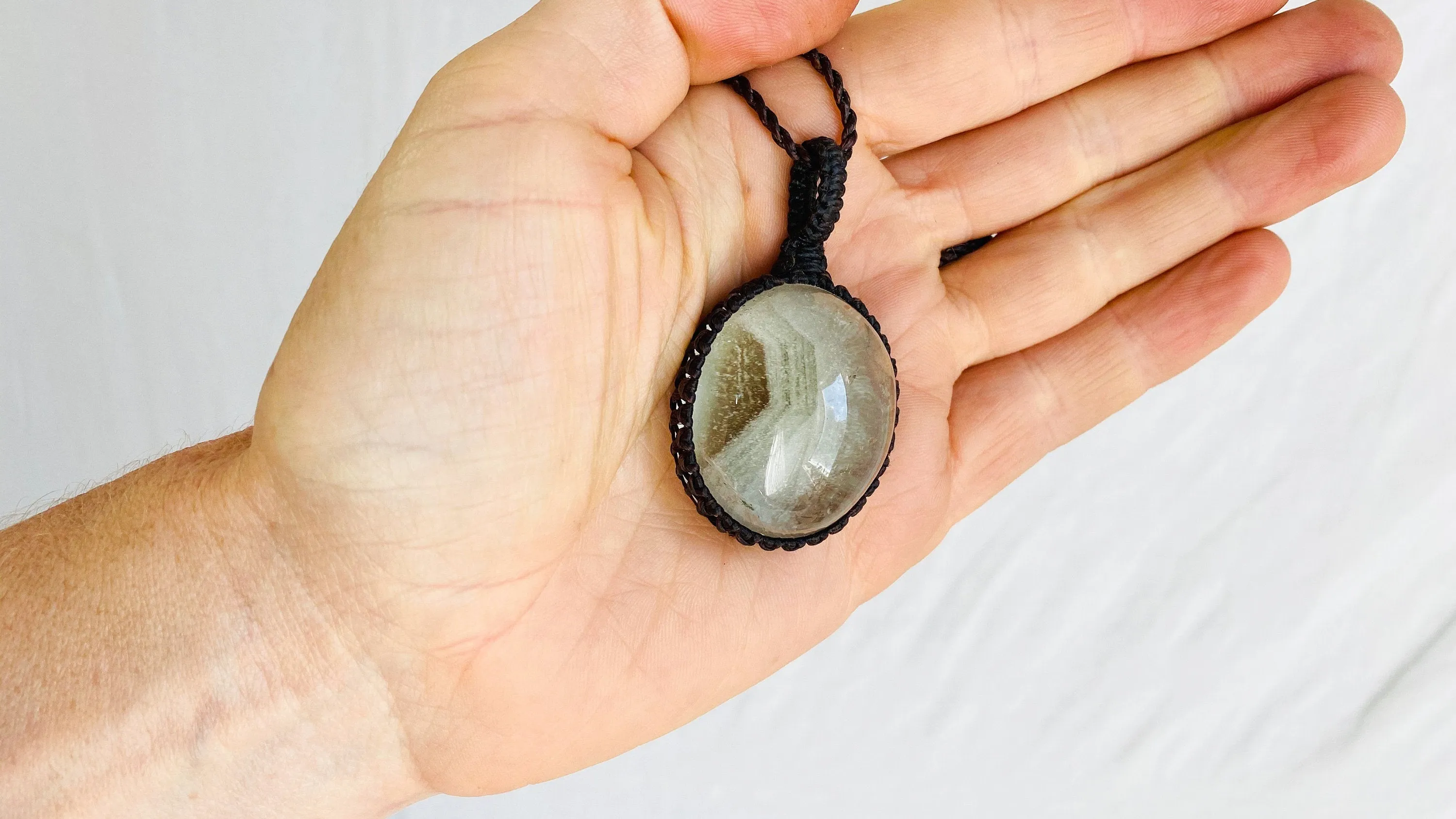 Garden Quartz Pendant Necklace. Crocheted Waxed Linen