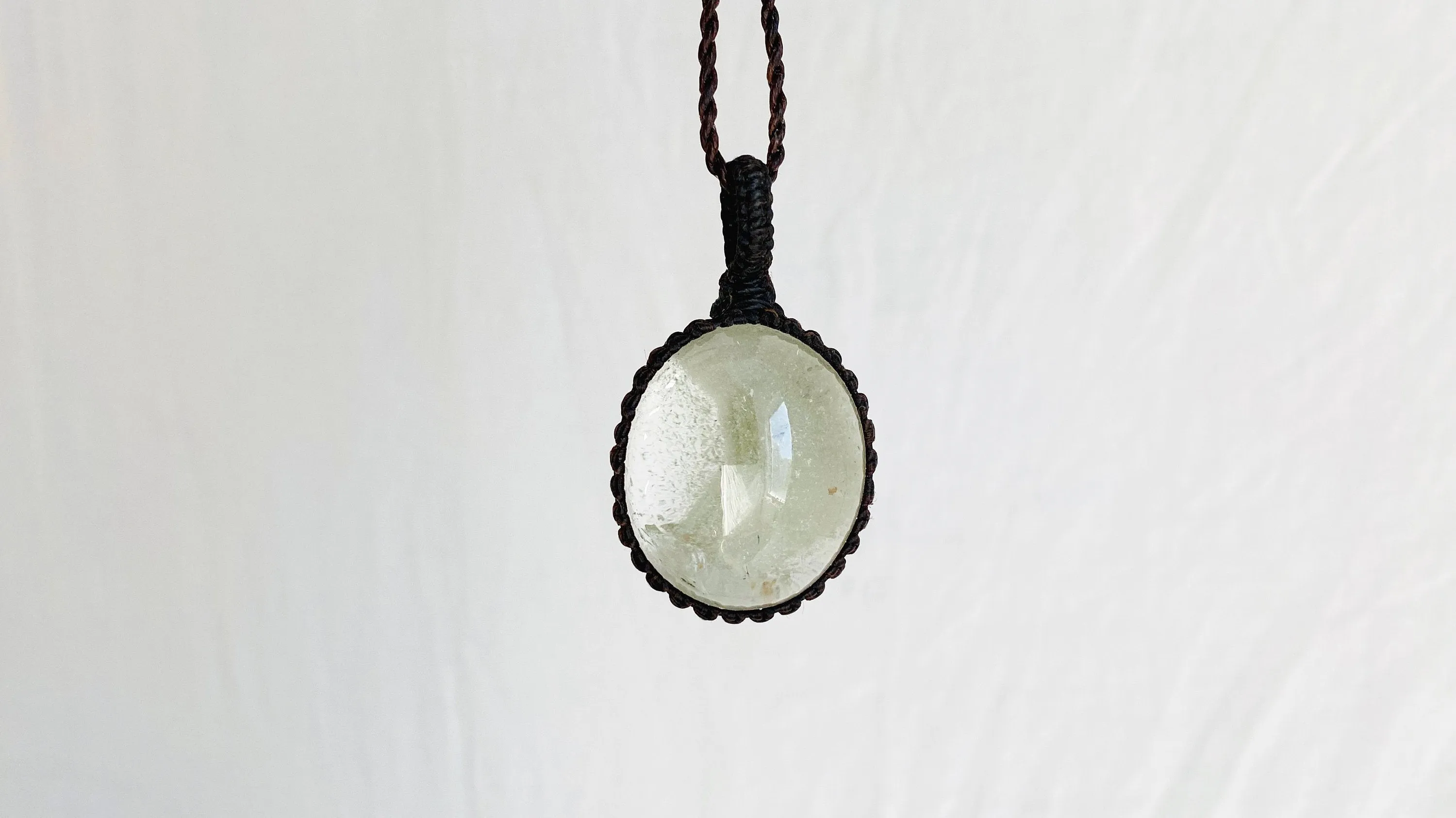 Garden Quartz Pendant Necklace. Crocheted Waxed Linen