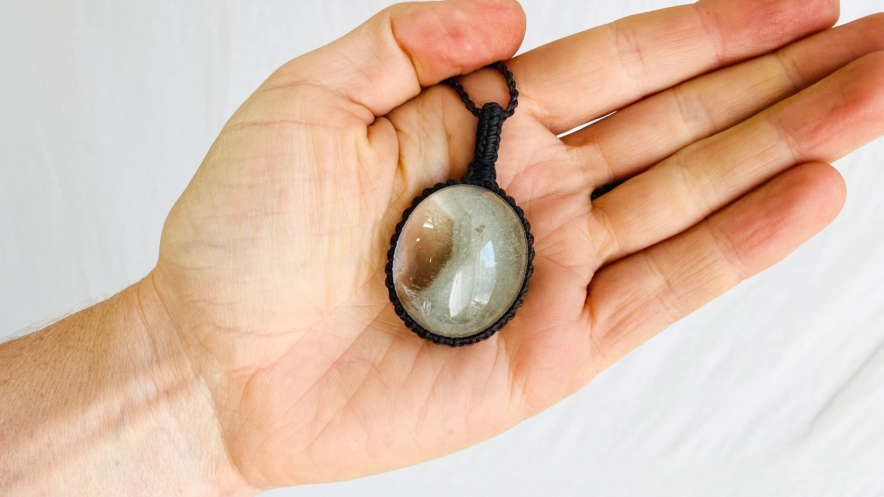 Garden Quartz Pendant Necklace. Crocheted Waxed Linen