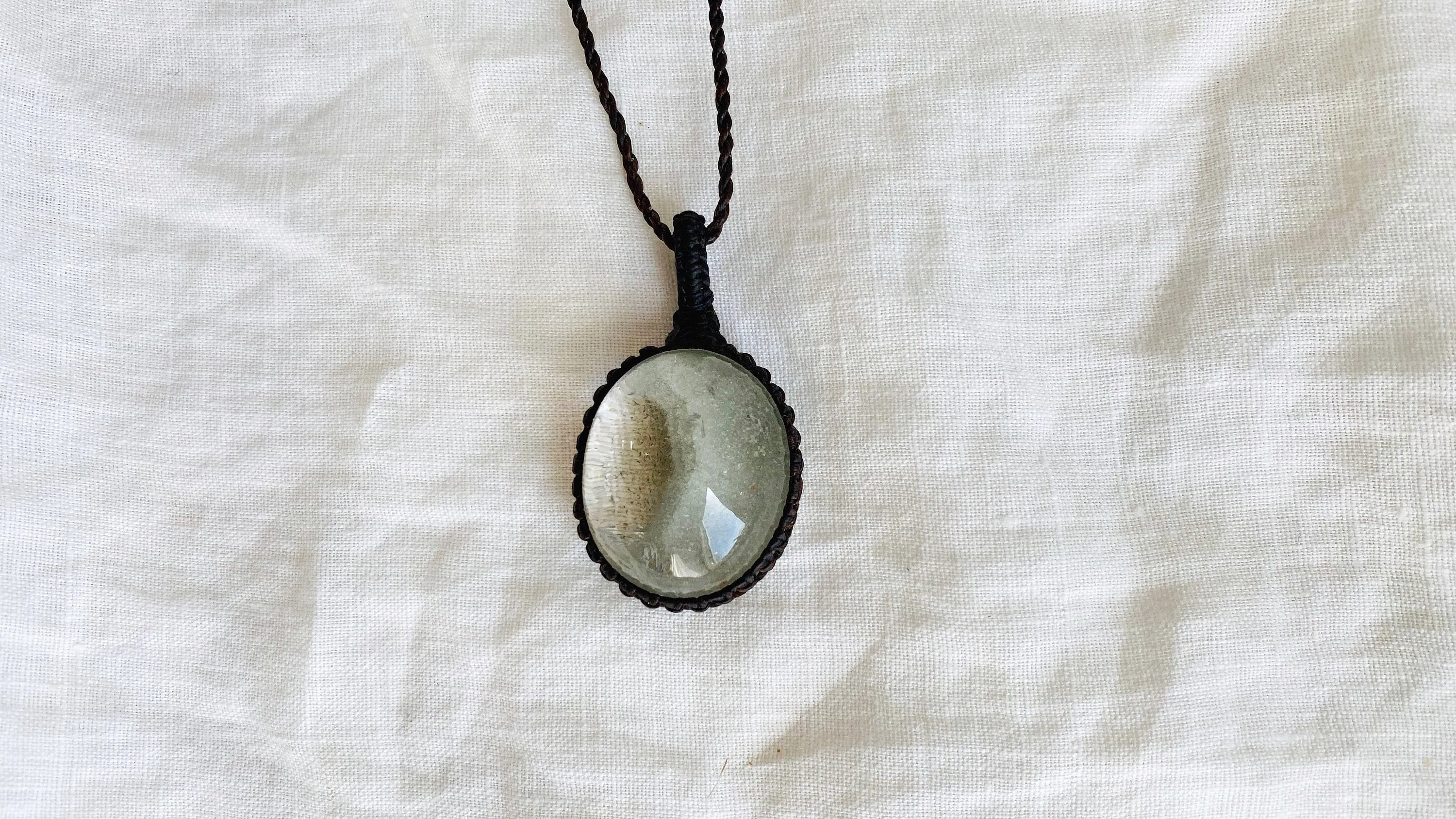 Garden Quartz Pendant Necklace. Crocheted Waxed Linen