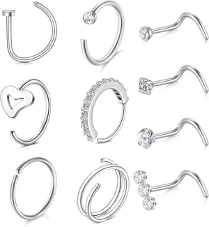 MODRSA Nose Hoops & Rings - L-Shaped, Studs, Gold & Silver Nose Piercings - 20g & 22g - Surgical Stainless Steel & Corkscrew Designs for Women & Men