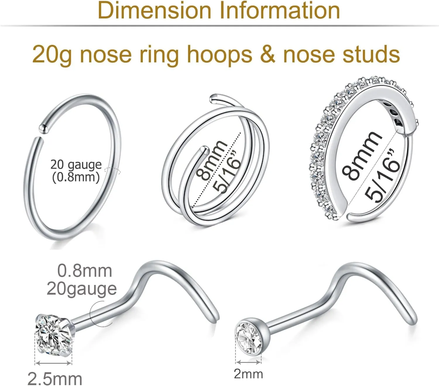 MODRSA Nose Hoops & Rings - L-Shaped, Studs, Gold & Silver Nose Piercings - 20g & 22g - Surgical Stainless Steel & Corkscrew Designs for Women & Men