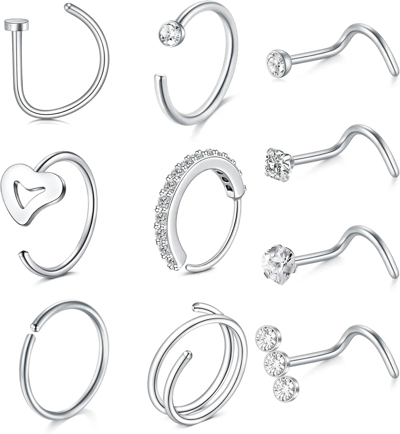 MODRSA Nose Hoops & Rings - L-Shaped, Studs, Gold & Silver Nose Piercings - 20g & 22g - Surgical Stainless Steel & Corkscrew Designs for Women & Men