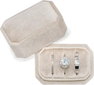 Octagonal Rectangle Velvet Ring Box 3 Slots - Premium Handmade Wedding Three Rings Bearer Holder Vintage Orthogon Jewelry Storage for Ceremony Proposal Engagement (Beige)