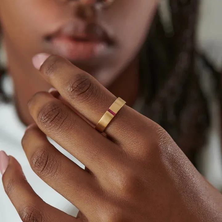 ORDER ONLY: 18K Gold Unisex Band with Single Ruby Baguette