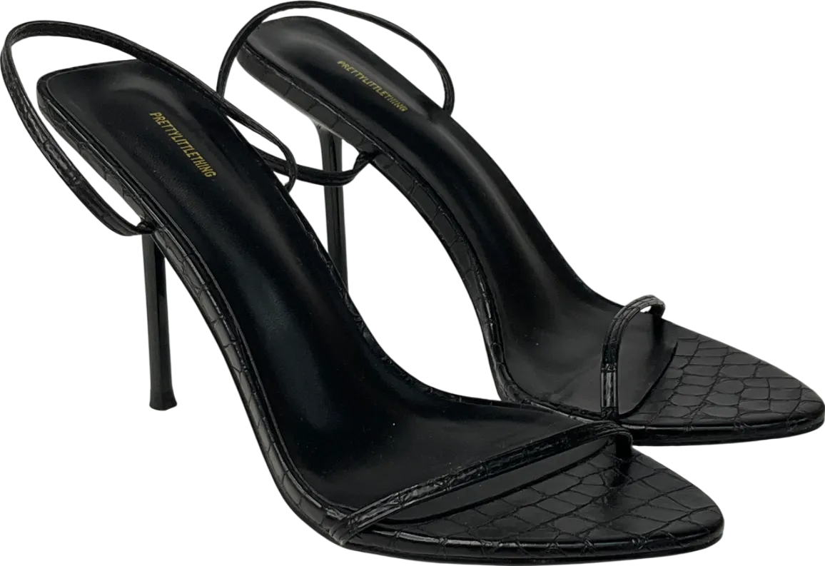 PrettyLittleThing Black Pu Croc Barely There High Heeled Sandals UK 6 EU 39 