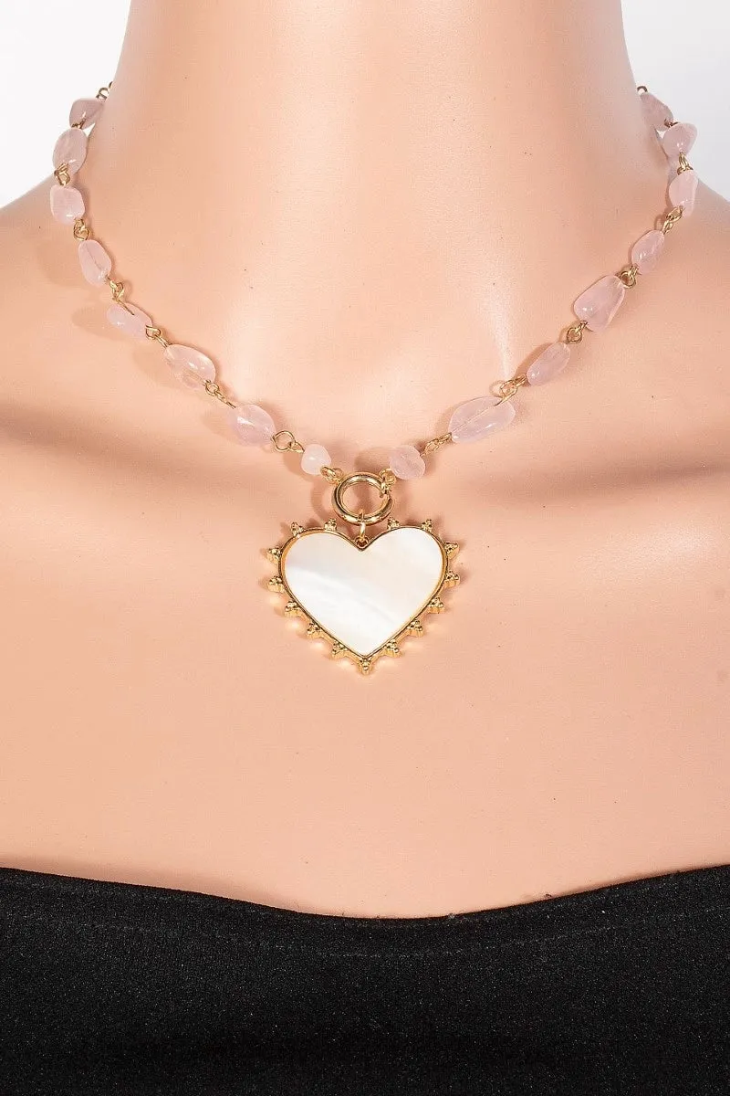 Shell Heart Pendant Stone Bead Chain Necklace