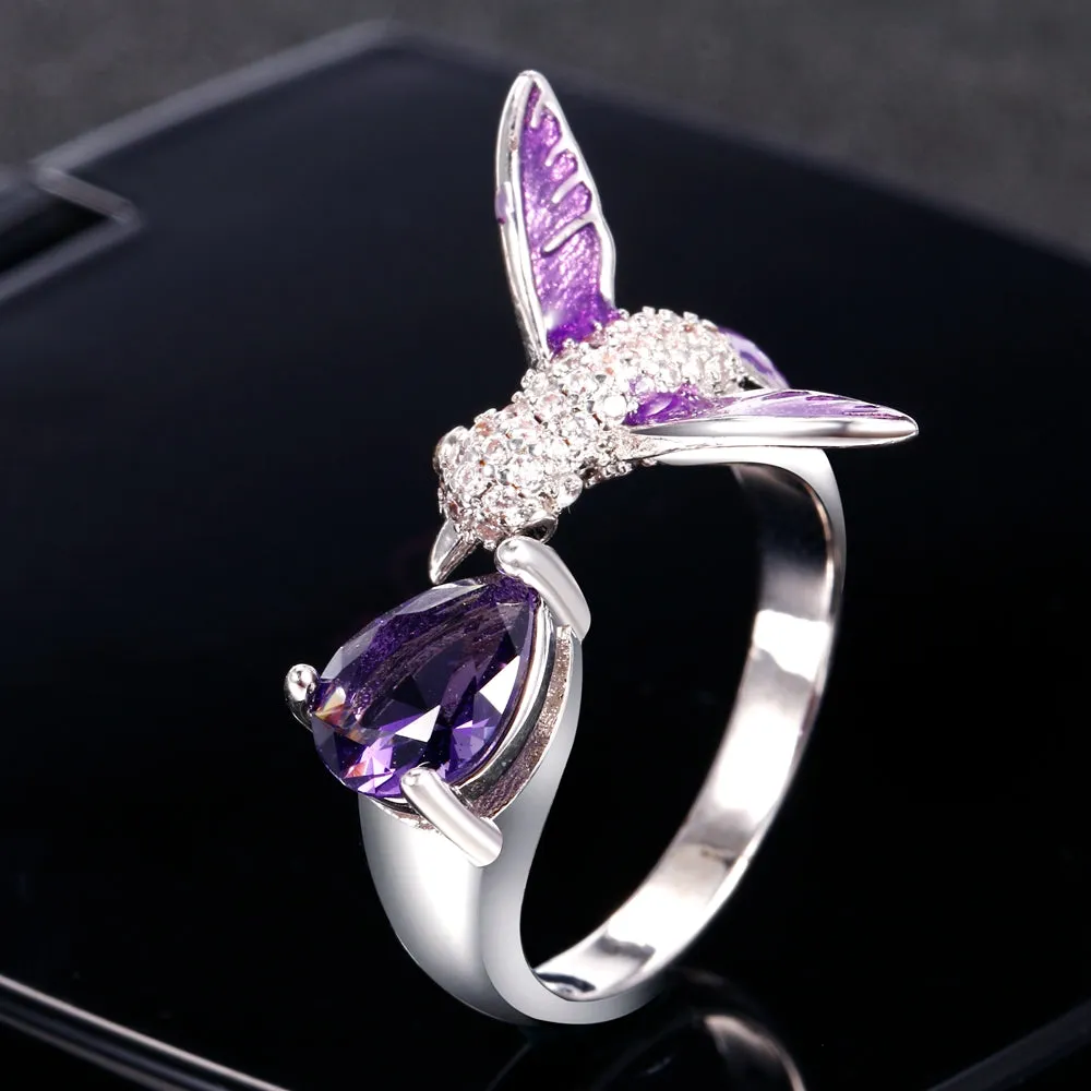 Sterling Silver Open Design Amethyst Hummingbird Ring