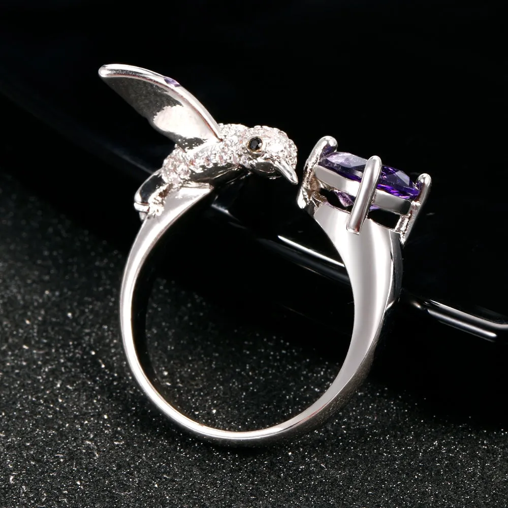 Sterling Silver Open Design Amethyst Hummingbird Ring