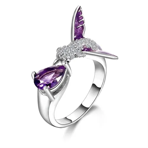 Sterling Silver Open Design Amethyst Hummingbird Ring