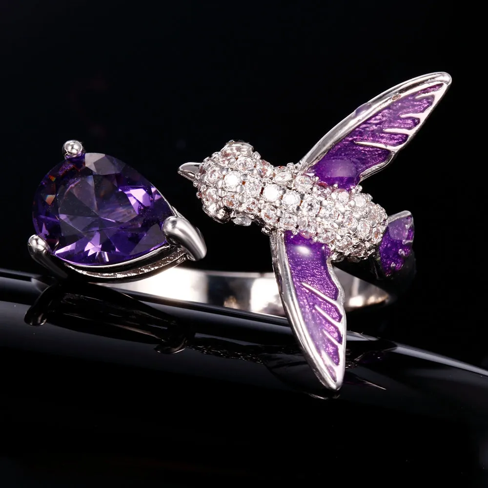 Sterling Silver Open Design Amethyst Hummingbird Ring