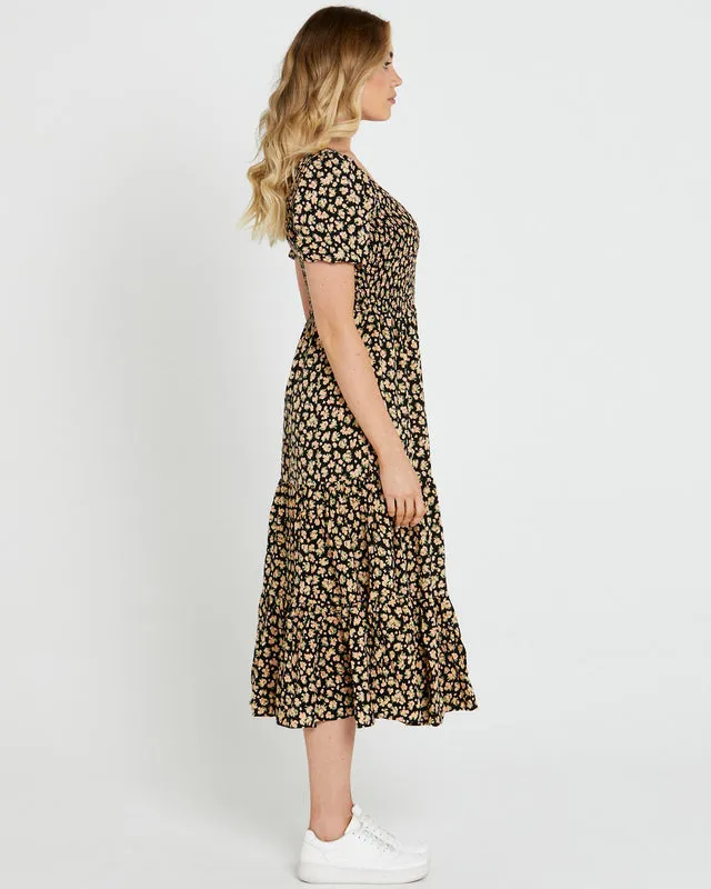 Tegan Shirred Midi Dress - Black Ditsy Floral