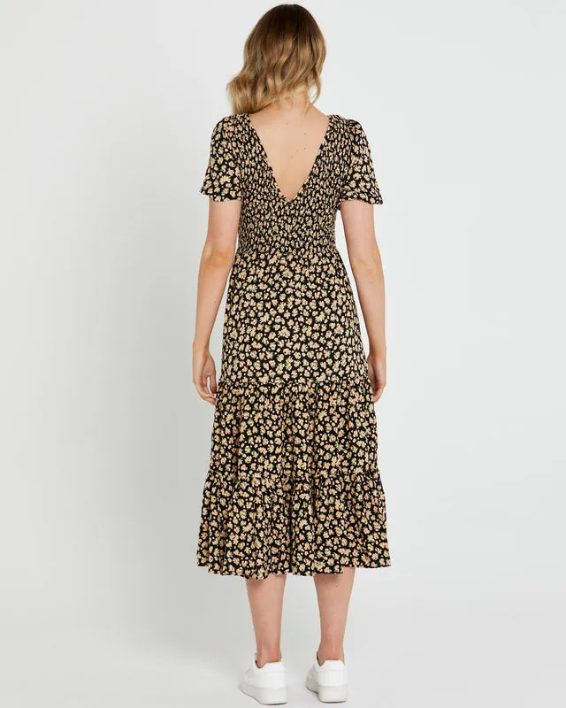 Tegan Shirred Midi Dress - Black Ditsy Floral