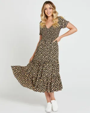 Tegan Shirred Midi Dress - Black Ditsy Floral