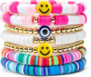 Y1tvei 7Pcs Heishi Surfer Bracelets Set Colorful Preppy Smile Evil Eye Beaded Stretch Bracelets Clay Stackable Boho Disc Y2K Aesthetic Summer Beach Bracelets