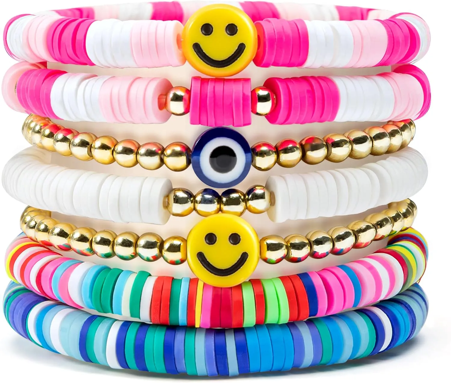 Y1tvei 7Pcs Heishi Surfer Bracelets Set Colorful Preppy Smile Evil Eye Beaded Stretch Bracelets Clay Stackable Boho Disc Y2K Aesthetic Summer Beach Bracelets